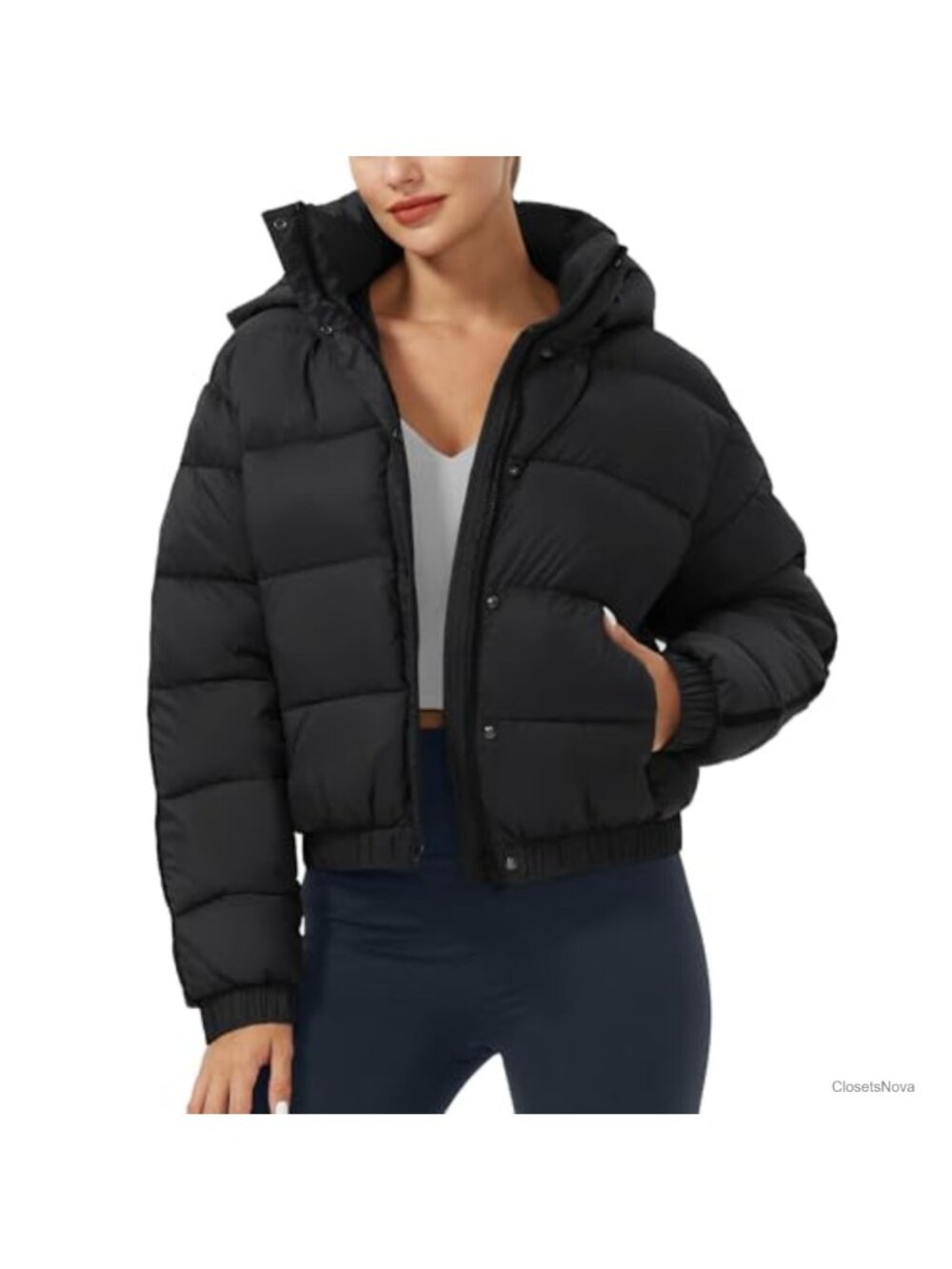 Cropped Puffer Jacket Waterproof Hooded Quilted Winter Coat